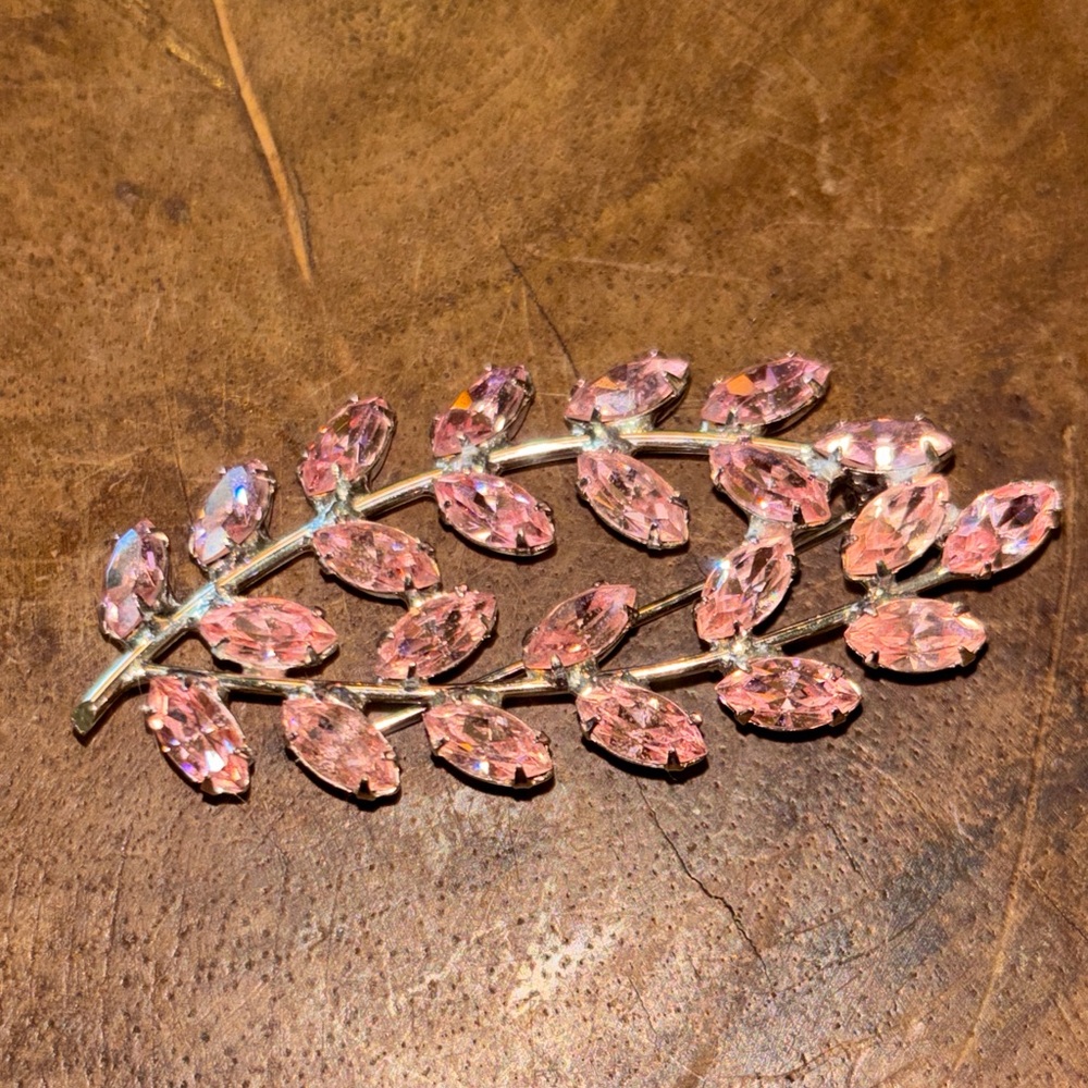 2 Brooches for 30 RHINESTONE DOUBLE LEAF  SIGNED B DAVID ROSE PINK RHINESTONE